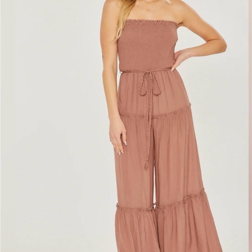 Love Tree Strapless Smocked Tiered Jumpsuit Light Green